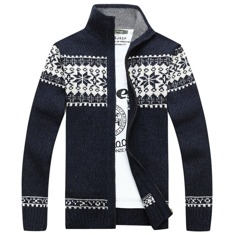 Herre uld cardigan efterår vinter varm tyk patchwork mandarin krave langærmede trøjer strikket bomuld afslappet herrejakke: Marine blå / Xxl