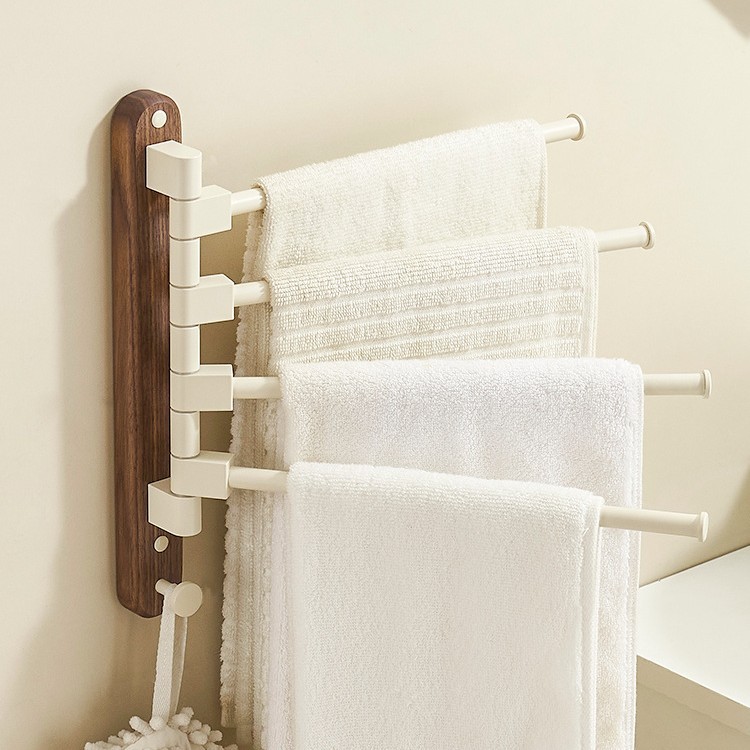 Toallero giratorio de madera de nogal, soporte de pared para baño sin agujeros, toallero de barra múltiple, estante de almacenamiento de toallas para baño