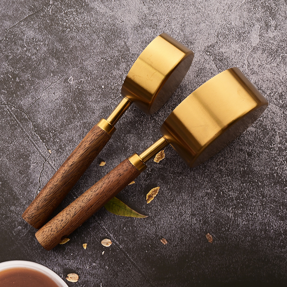 Gold Holzgriff Edelstahl Messbecher Löffel Backwerkzeuge Kaffee Messlöffel Set Barkeeper Maßstab Zubehör