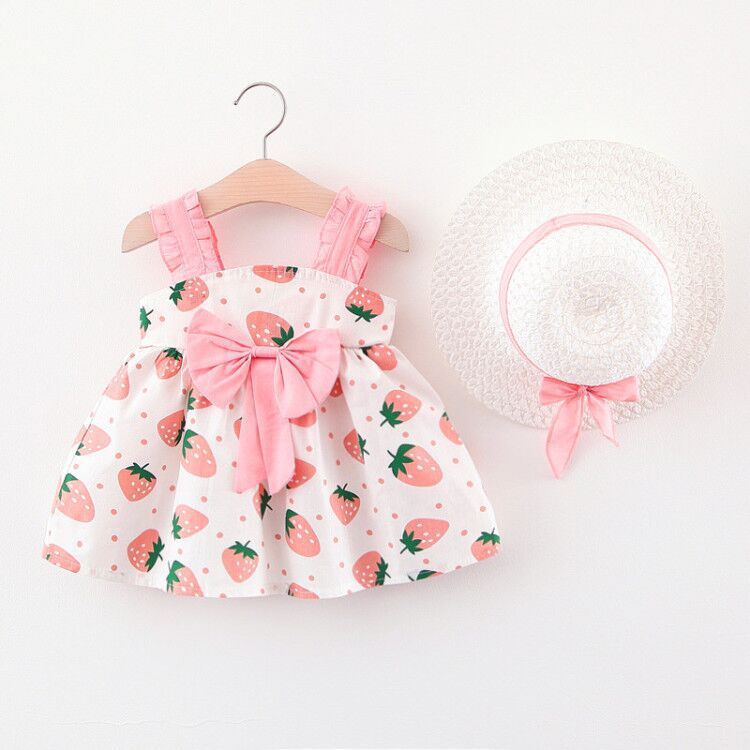 Vestido de verano de fresa con sombrero para bebé, con lazo grande, línea A, ropa de verano para niña, Vestido de playa infantil para bebés: C / 12 meses