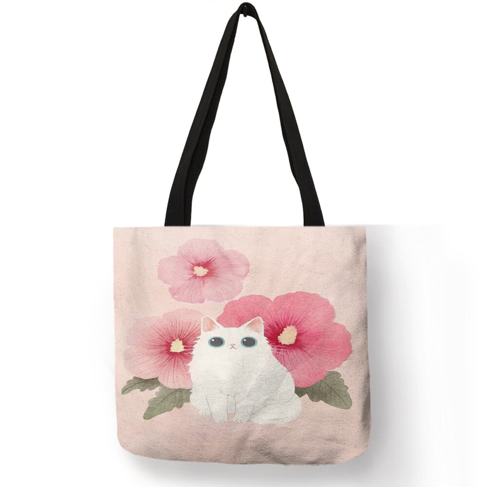 Bolsos de mano pintados a mano con acuarela para mujer, bolso de hombro con estampado Floral de gato bonito, bolso de mano para oficina, bolsos de compras informales diarios: 004