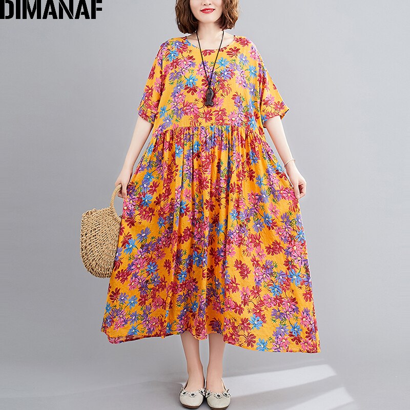 DIMANAF Summer Plus Size Women Dress Print Floral Female Vestidos Sundress Beach Style Loose Pleated Lady Long Dress 5XL