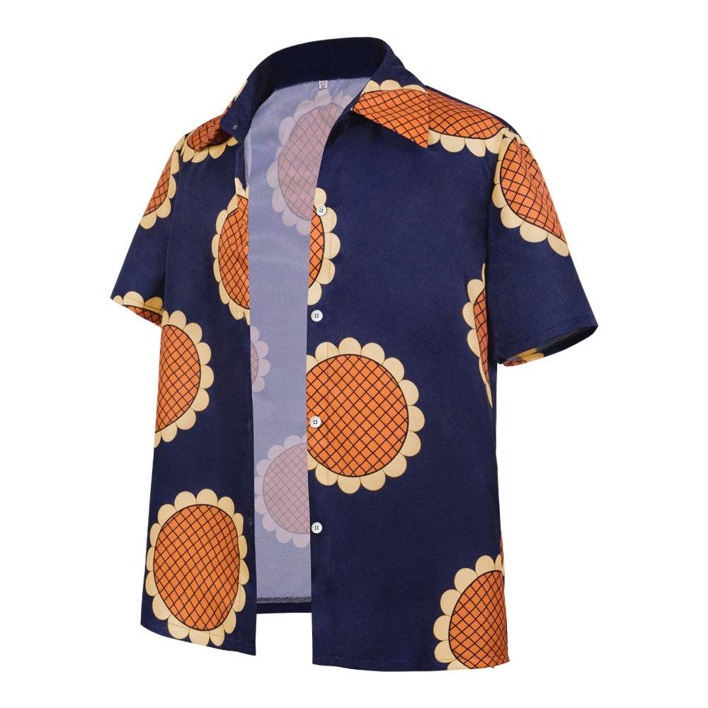 Hommes Anime Luffy Cosplay chemise été tournesol imprimé bleu haut décontracté T-Shirt Halloween fête singe D Luffy chapeau de paille chemise costume
