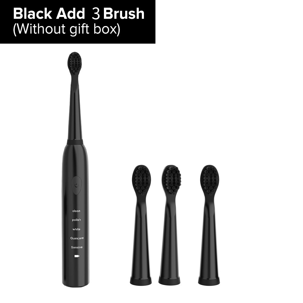 Electric Toothbrush Rechargeable 5 Modes Sonic Toothbrush with 4 Brush Head Waterproof Timer Tooth Brush Whitening For All: Black 1 with 3 Heads