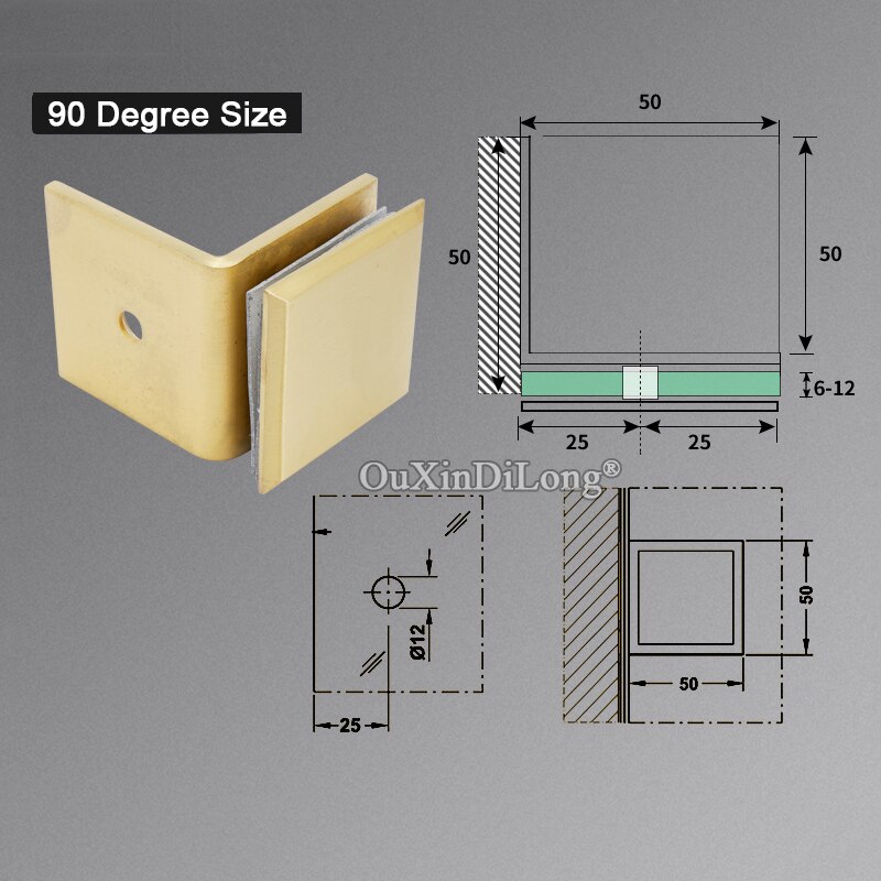 2PCS Brushed Gold Frameless Shower Brass Door Clamps 0/90 Degree Hinge Glass Clip Door Fittings Door Clamp Brackets GF390