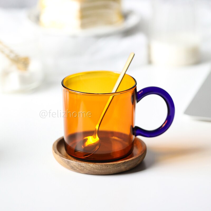 contrast color heat-resistant glass mug hanging ear coffee cup office household water cup high temperature resistance: Amber Spoon Coaster