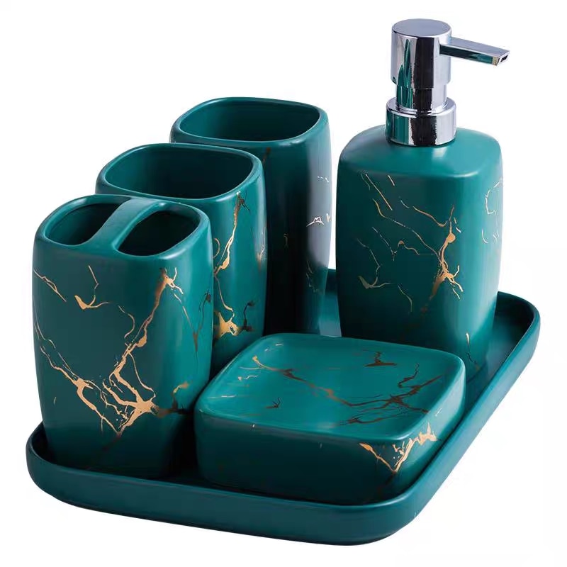 Marmer Keramiek Badkamer Set 5Pcs Zeepdispenser/Tandenborstel Houder/Tumbler/Zeepbakje Lade Badkamer Decoratie accessoires