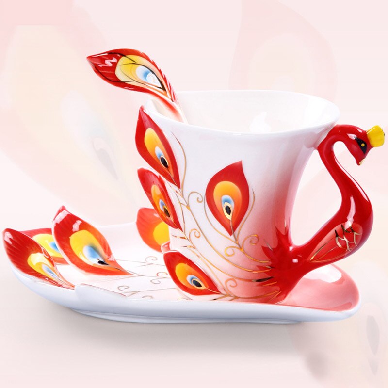 Taza de pavo real esmaltada de Color de cerámica con plato de café té beber agua tazas artesanales decoración creativa cumpleaños de San Valentín: Red
