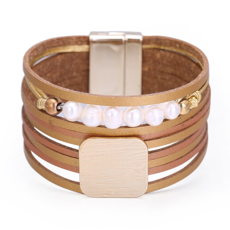 Kirykle Frauen Armbinde Geometrische Platz Metall Charme Leder Armbinde Perle Armbänder Armreifen Goldene Pendeln Schmuck