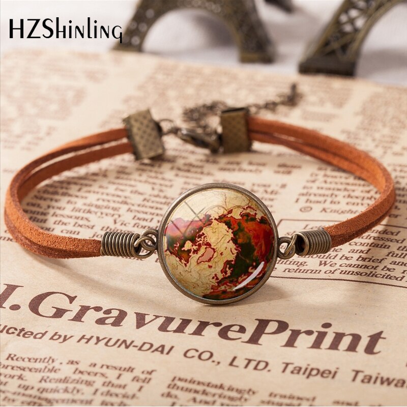 Wereld Moeder Vintage Lederen Armband Planet Earth Globe Kaart Armbanden Art Accessoires: 4