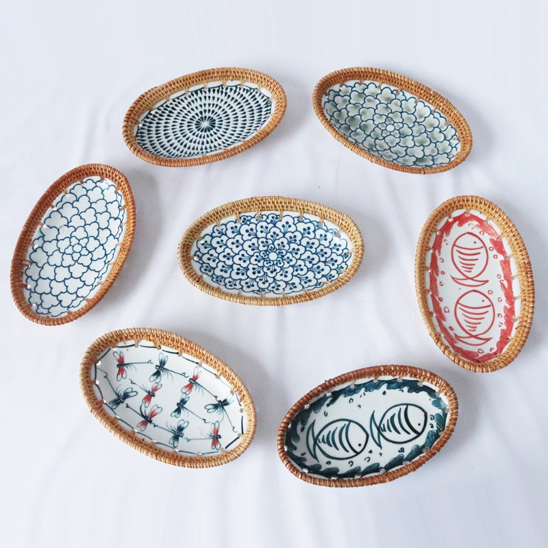 Hand Woven Rattan Blue &amp; White Porcelain Stitching Snack Plates and Sushi Plates