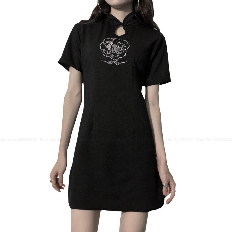 Cheongsam gótico Punk para mujer, vestido negro de estilo chino bordado Qipao, ropa de calle ajustada para y Club, ropa asiática para niña