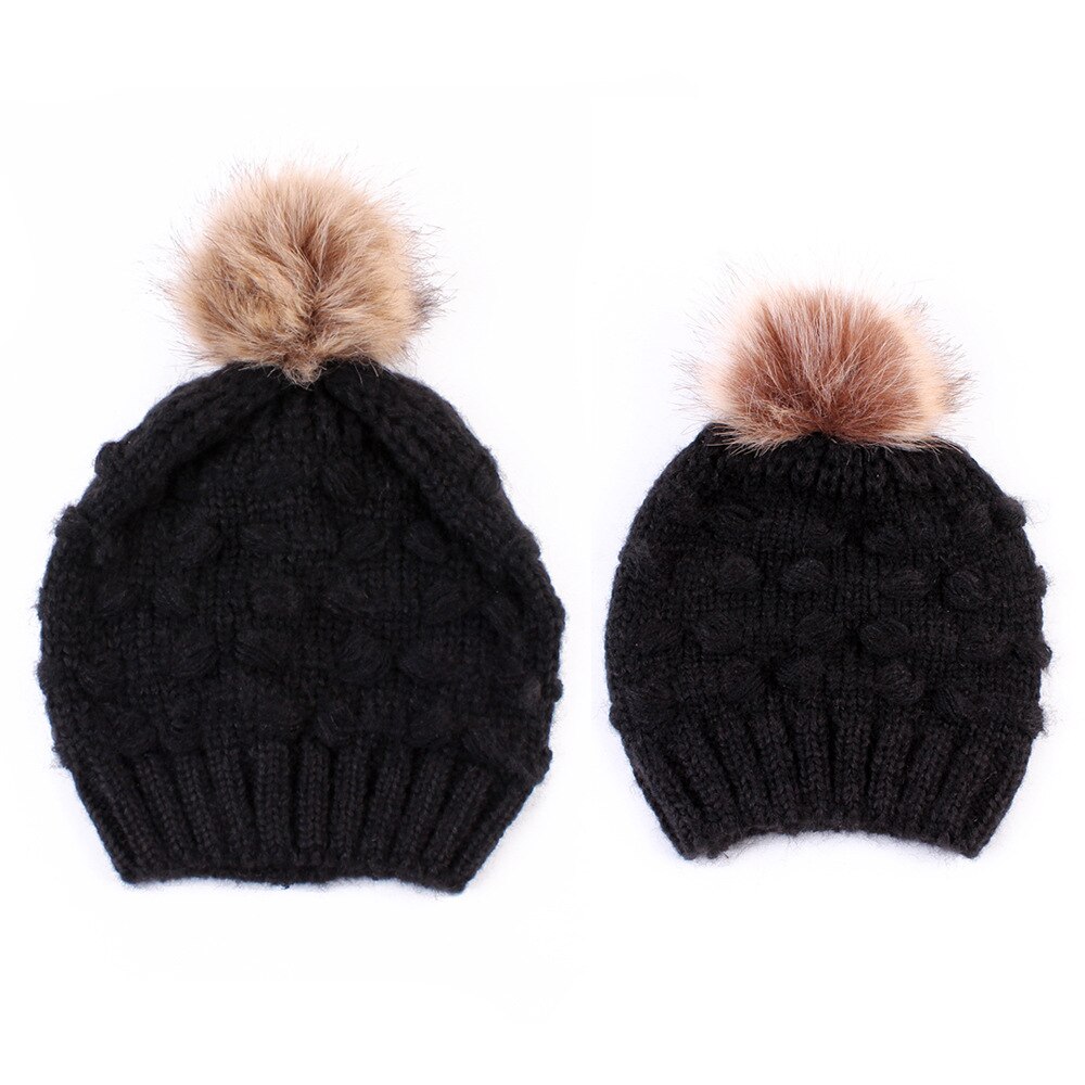 2pc mamma låve strikket ull hatt baby vinter varm hette pompom boble lue hattemaker baby strikk soild bomull blanding kvinner varm vill søt: Svart