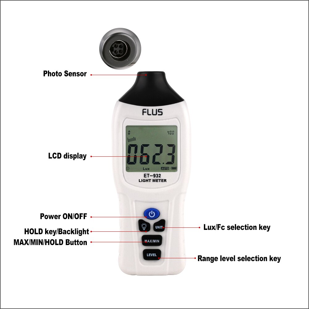 FLUS Digital Light Luxmeter Meter Temperature 0-400K Lux Mini Illuminometer Luminometer Photometer Lux/FC Tester Light Meter