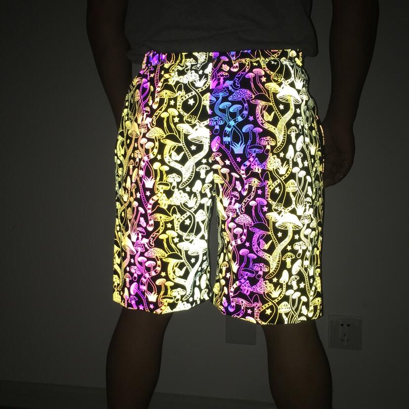 Sommer mænd farverige svampe reflekterende shorts nat lys hip hop korte homme harajuku afspejler afslappet korte bukser bermuda