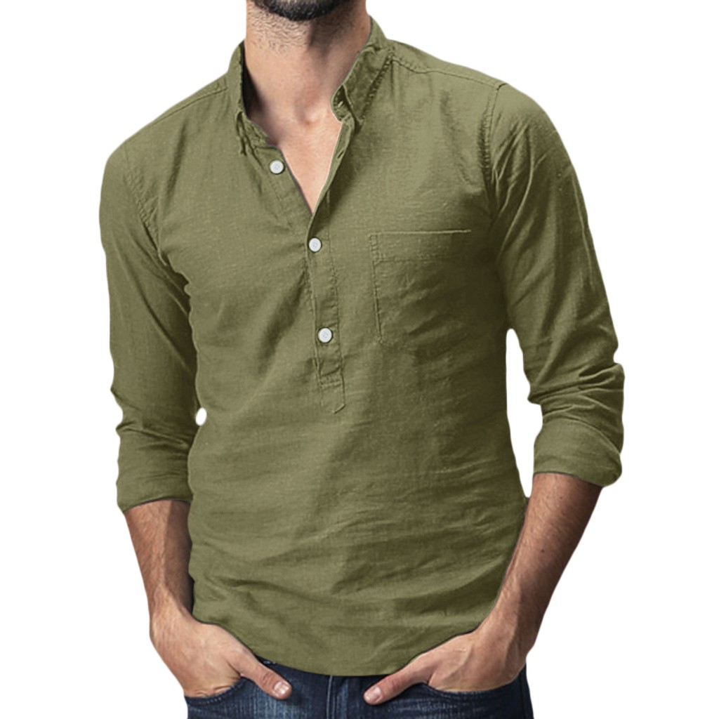 Summer hawaiian Shirt Men's Baggy Cotton Linen Solid Pocket Long Sleeve Turn-down Collar Shirts Tops M-3XL Camisas Hombre: Army Green / XL