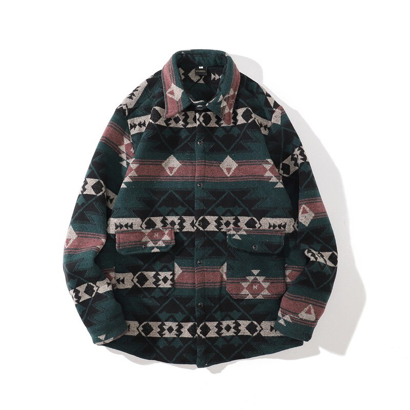 Men Hip Hop Shirt Streetwear Vintage Graphic Print Long Sleeve Tops Autumn Harajuku Cotton Blouses flannel Thick Shirts: Green / XL