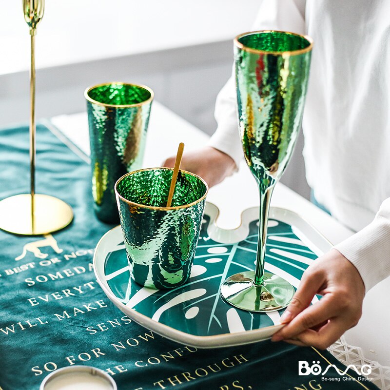 Retro Emerald Glas Luxe Nordic Phnom Penh Electroplated Ins Rode Wijn Glas Grote Capaciteit Drinken Gold Champagne Cup Beker