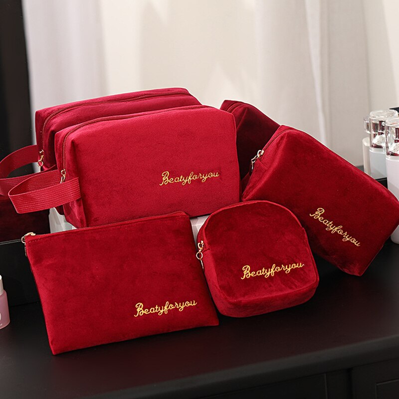 Purdored 3 stk / sæt fløjl kosmetisk taske sæt solide kvinder makeup taske arrangør rejse toiletartikler vaskepose kit neceser kosmetyczka: Rødt sæt