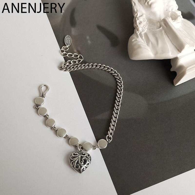 Anenjery Vintage Handgemaakte Liefde Hart Armband Bangles Voor Vrouwen Mannen Paar Armband Dikke Ketting Thai Zilveren Kleur Sieraden S-B418