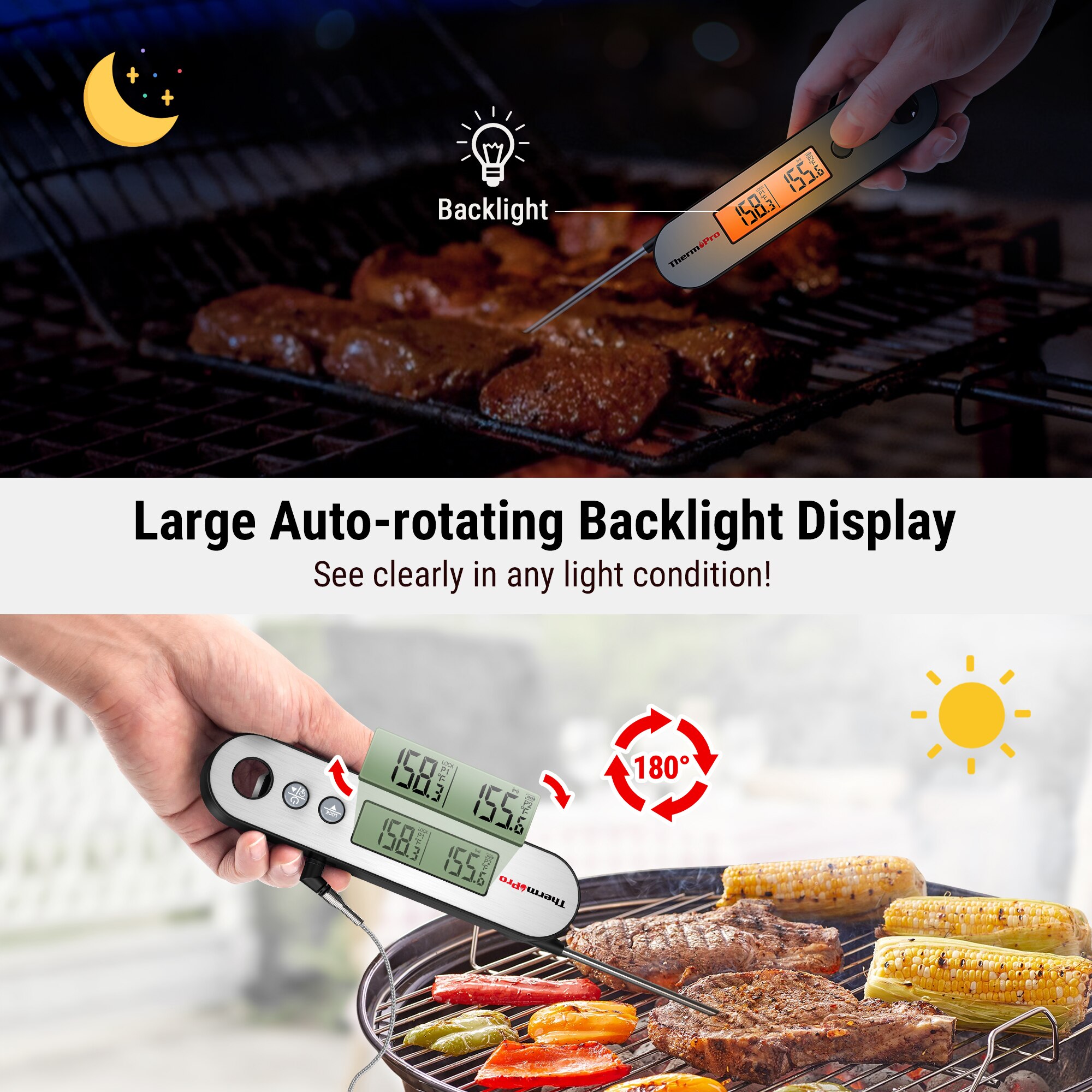 ThermoPro – thermomètre numérique TP610 pour la viande, 2 en 1, avec 2 sondes pliables et filaires, rétro-éclairé