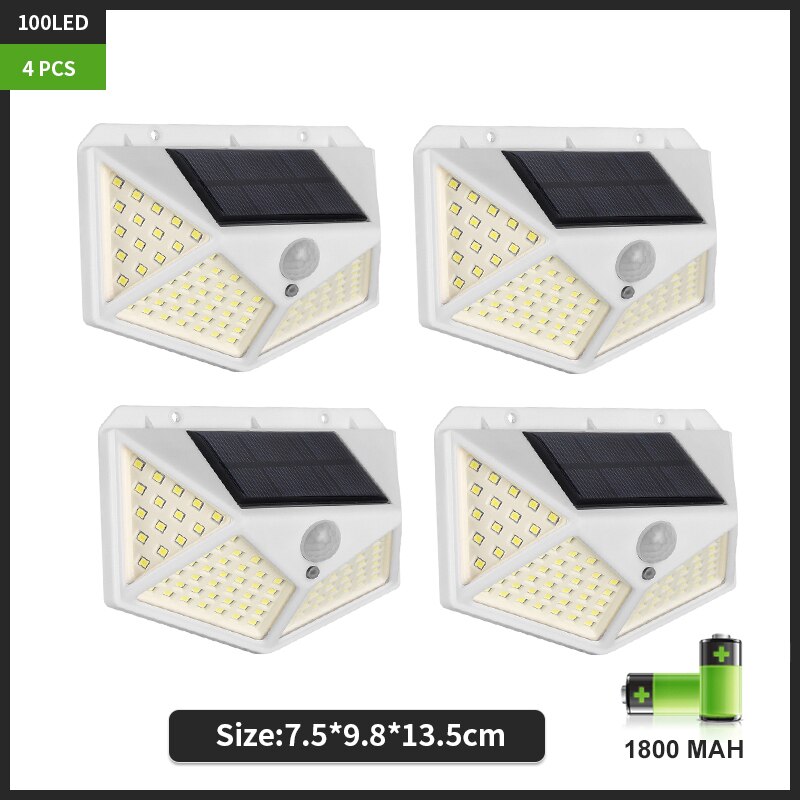 100 LED Solar Wall Lamp with 3 Modes for Outdoor Garden Decoration Human Body Induction Lighting Courtyard Sconce Lamp Fixtures: White-4 PCS / Cool White