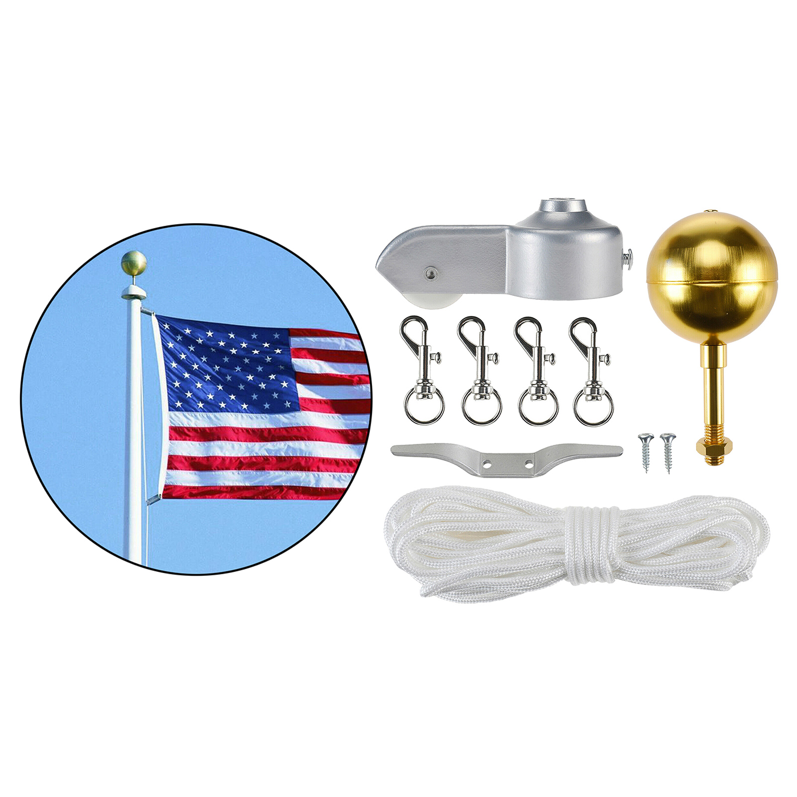 Outdoor Flagpole Hardware Repair Kit 3" Topper Gold Ball 4pc Flag Clip Hooks Flagpole Pulley Truck