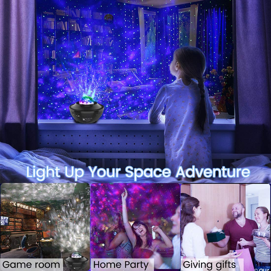 Proyector de cielo estrellado colorido, lámpara de ambiente con proyector de ola de mar y estrellas, con Bluetooth, altavoz musical para dormitorio