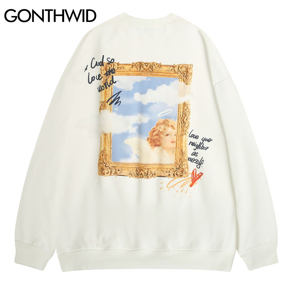Gonthwid Hoodies Sweatshirts Streetwear Mannen Hip Hop Harajuku Casual Godin Kind Angel Print Trui Tops Uitloper Mannelijke