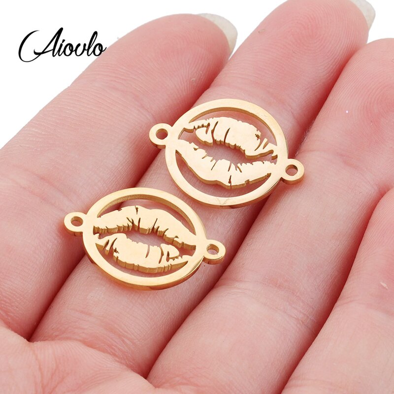 Aiovlo 5pc/lot Stainless Steel Silver Gold Metal Lips Charm Connector for Bracelet Necklace Hollow Pendants Diy Jewelry Making