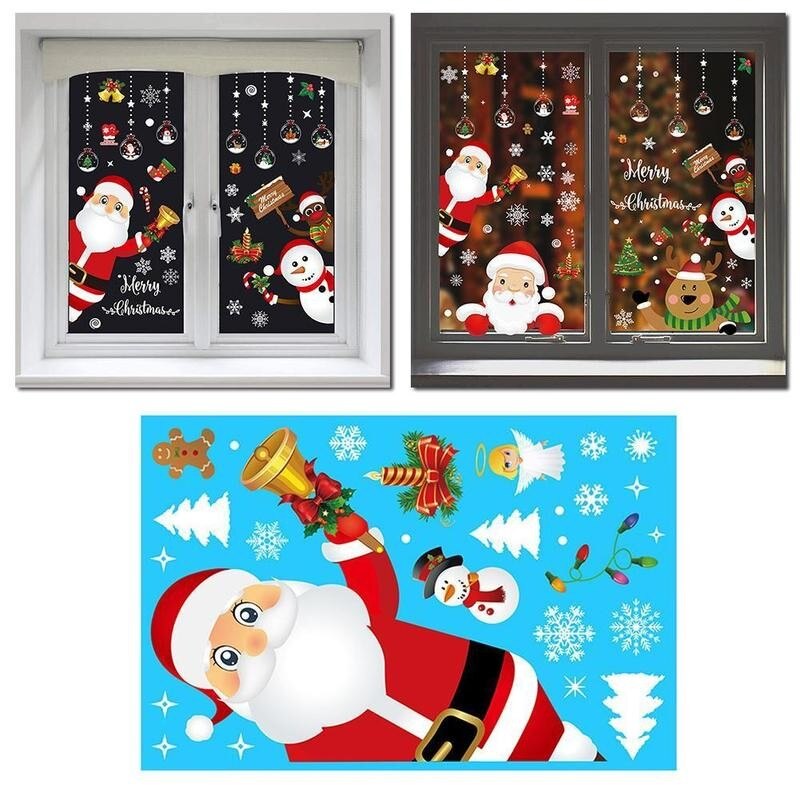 Merry Christmas Window Wall Sticker Santa Claus Deer Glass Window Xmas Static Sticker 2022 Year Decals Home Decoration