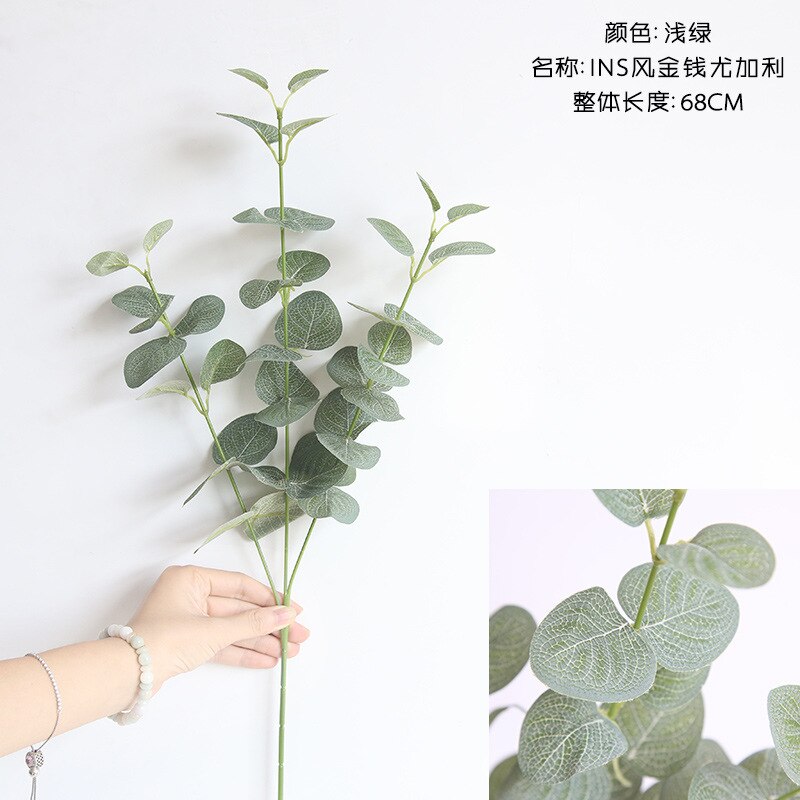 Kunstige blade gren retro grøn silke eukalyptus blad til boligindretning bryllup planter kunststof løv værelse dekoration 68cm: B