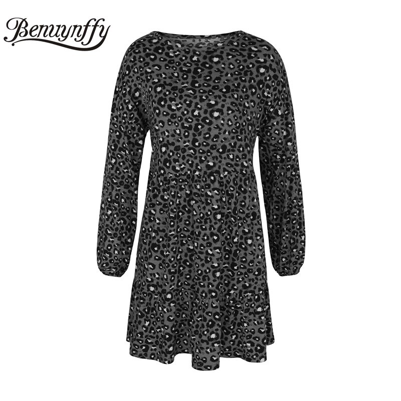 Benuynffy Herbst Winter Frauen Rüschen trimmen Leopard Druck Kleid verlieren Oansatz Langarm lässig A-linie Mini Kleider: Grau / M