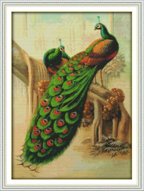 Pfau auf sterben zweig Kreuz-stich 14ct Gedruckt Aida Stoff 11ct Gezählt Leinwand DMC Stickerei Bausätze DIY Hand setzt: D367-2 / 14CT Weiß Stoff