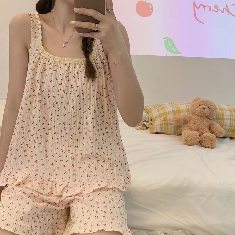 Damepyjamas loungewear damestrømpeholder forår sommer tynd ærmeløs vest koreansk blomstret sød pyjamas loungewear sæt: Xl / Beige