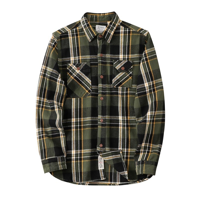 Unisex Long Spring Autumn Plaid Blue Brushed Flannel Shirt Jackets for Men Vintage Thick Urban Street Wear: Green / XXL