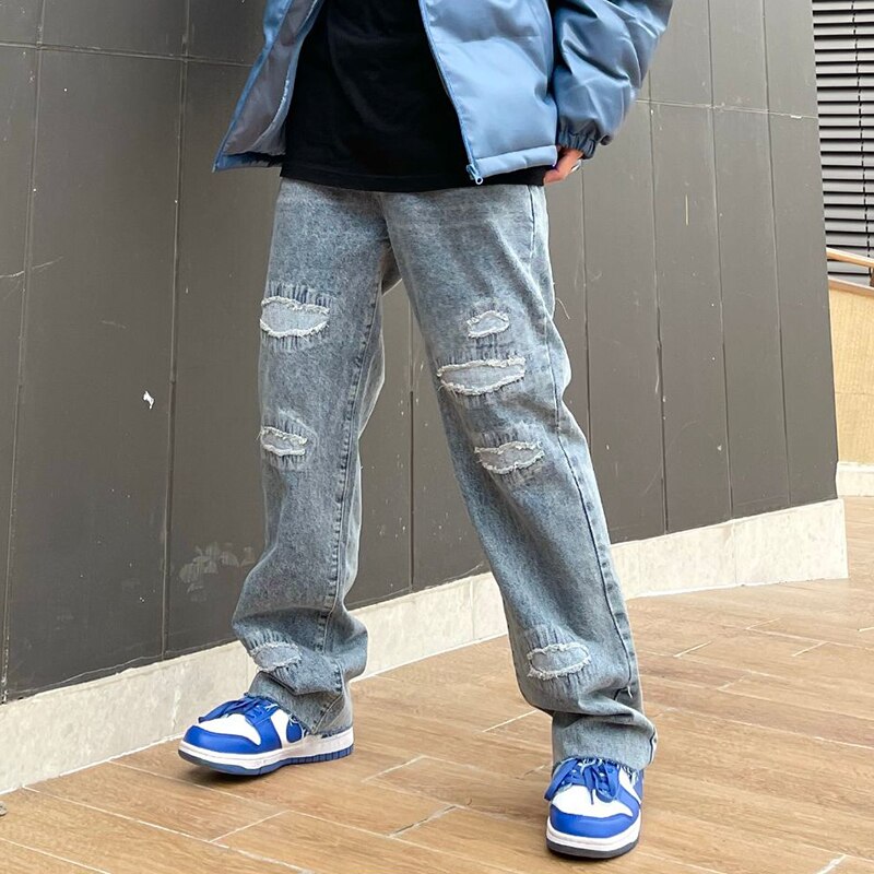 Pantalones vaqueros informales lavados con agujeros rasgados para hombre, ropa de calle con bolsillos de llama en la espalda, Jeans rectos de pareja, pantalones vaqueros sueltos de Hip Hop