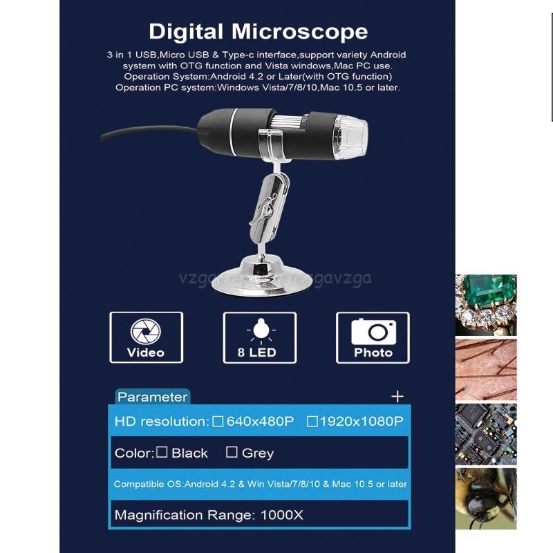 2mp 3 i 1 usb type-c mikro-usb 1000x mikroskop kamera 1080p video til smartphone osx windows pc computer  d06 19