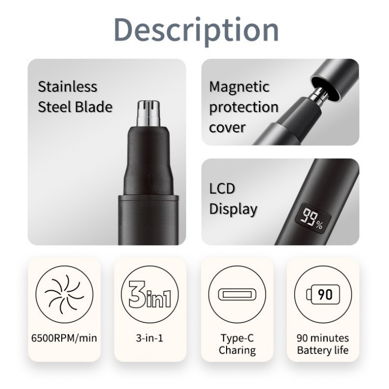 XIAOMI 3 in 1 Electric Rechargeable Nose Ear Hair Trimmer for Men Painless Sideburns Eyebrows Beard Hair Clipper Shaver