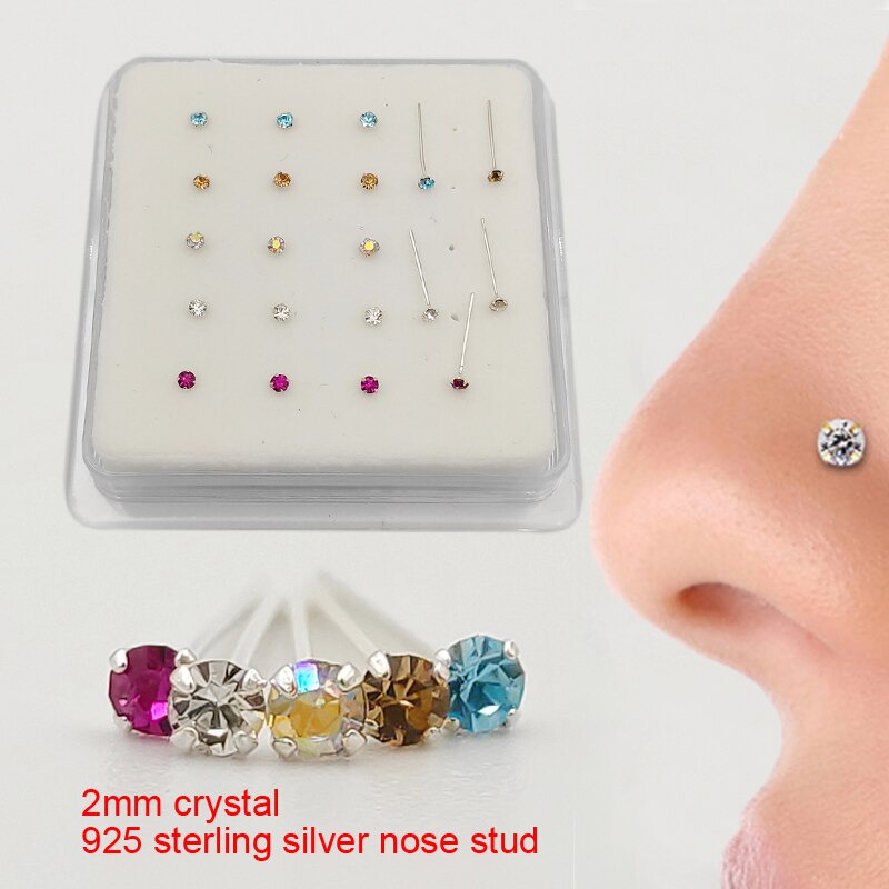20pcs 925 Sterling Silver Nose Studs - 2mm Multicolor Crystal Round Body Piercing Jewelry