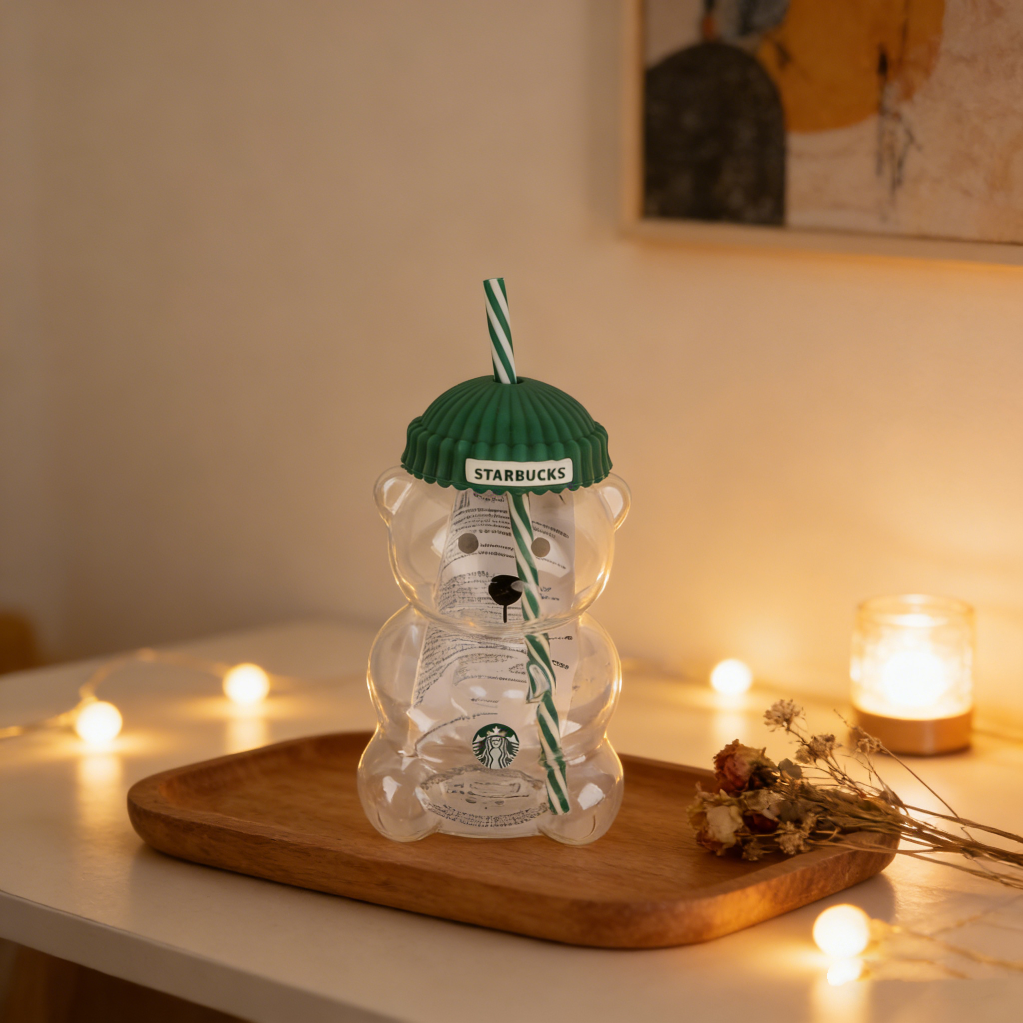 Starbucks Bearista Bären-Glasbecher 591ml Grüner Deckel Strohhalm Café Zuhause