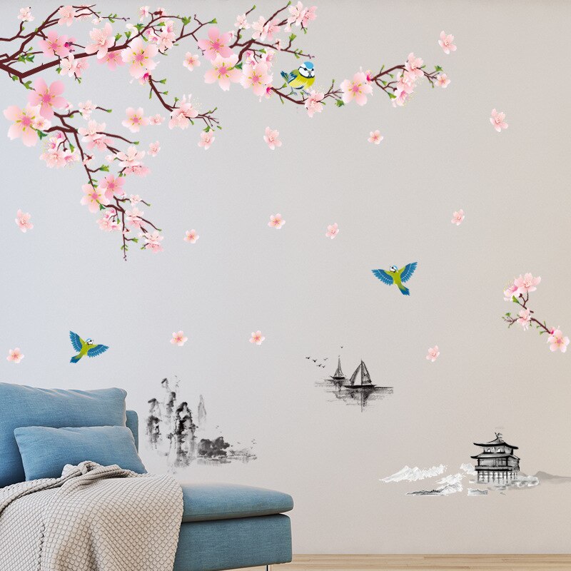 Trädgren och fågel 3d rosa avtagbara persika plommon körsbärsblomma blomma fjäril vinyl konstdekal vägg hem klistermärke rum dekor