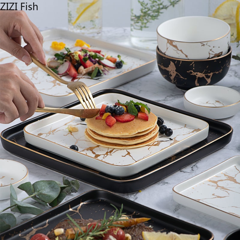 Quadrat Geschirr Marmor Platten Keramik Geschirr Gold Inlay Porzellan Nachtisch Platte Steak Salat Snack Kuchen Platten