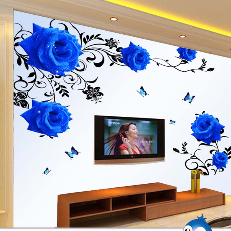 3d blue rose wall stickers home decor removable bedroom large flower wall decals for living room