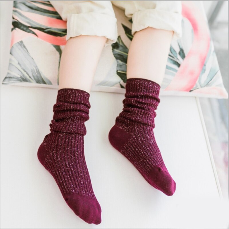 Chaussettes montantes pour enfants | Chaussettes d'hiver longues et chaudes, en coton, fil d'argent et blanc, pour petits garçons et petites filles: Wine red / L