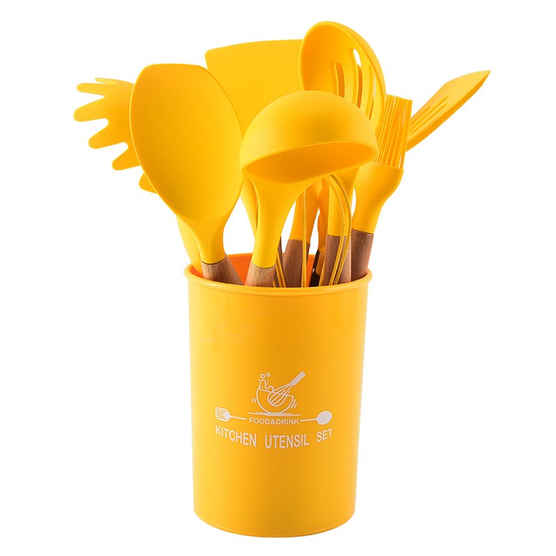 12 Stks/set Food Grade Siliconen Koken Gereedschap Keuken Non-stick Ei Kloppers Spatel Keukengerei Huishouden Houten Handvat Item: Yellow