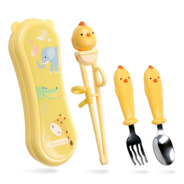 Kids Chopsticks Cartoon Training Children Spoon Fork Set Stainless Steel Kids Eating Utensils Toddler Baby Flatware Accessories: 4 pieces yellow