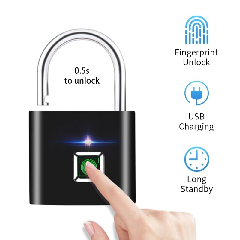 Smart Biometric Thumbprint Door Padlocks Rechargeable Door Lock Fingerprint Smart Padlock USB Keyless Quick Unlock