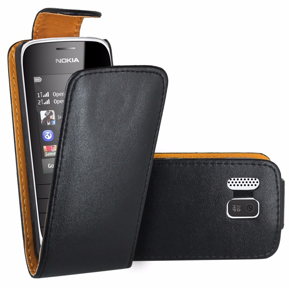 Black Flip Premium Leather Skin Bag Case Cover For Nokia Asha 202 / Nokia Asha 202 Dual Sim