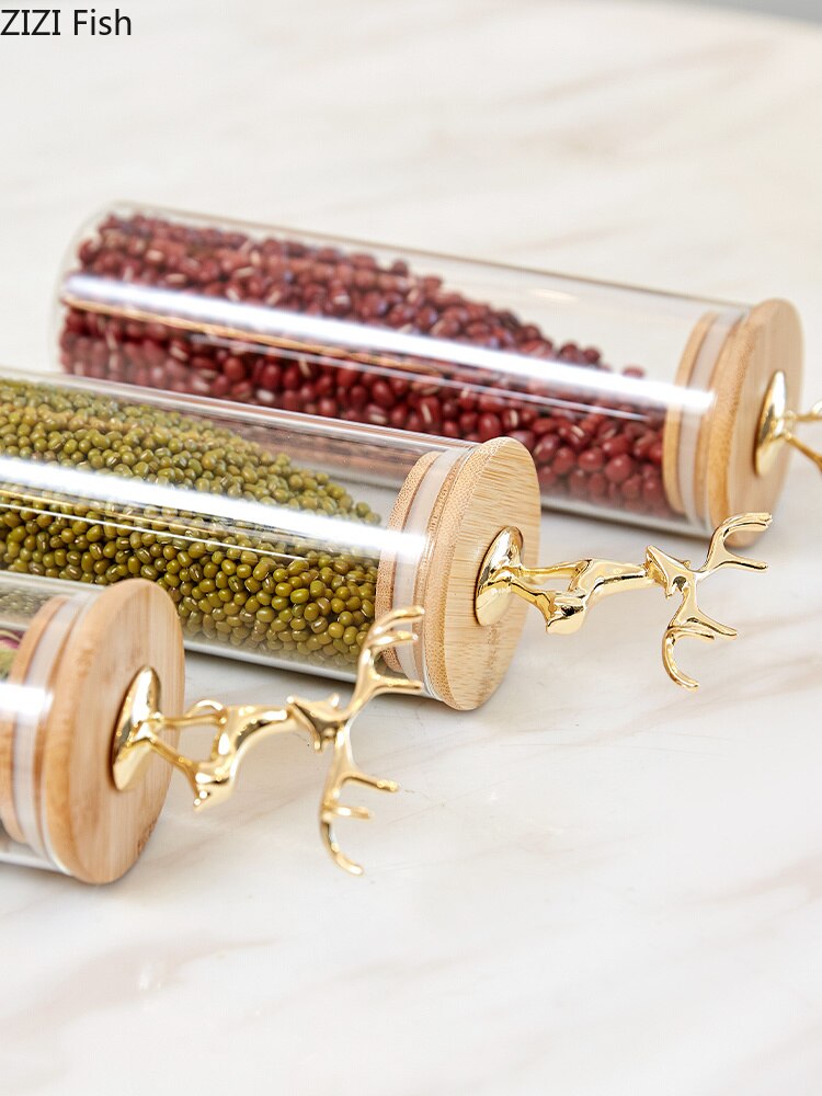 Contenedor de té europeo, sencillo, ciervo dorado, vidrio decorativo, especias, bote frasco para almacenar dulces con tapa de madera, latas de granos de té Caddy